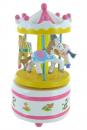 Carrousel musical miniature en bois : carrousel musical rose et blanc avec trois chevaux