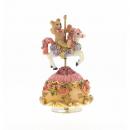 Cheval musical miniature en polystone : cheval automate musical rose tournant avec un ours sur son dos