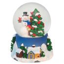 Boule à neige musicale de Noël: boule à neige avec bonhomme de neige et sapin décoré de cardinals